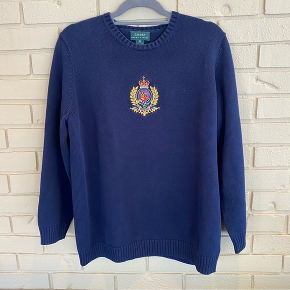 Vintage Ralph Lauren Women’s Navy Sweater Large Embroidered Crest Logo sz 1X - Picture 1 of 6